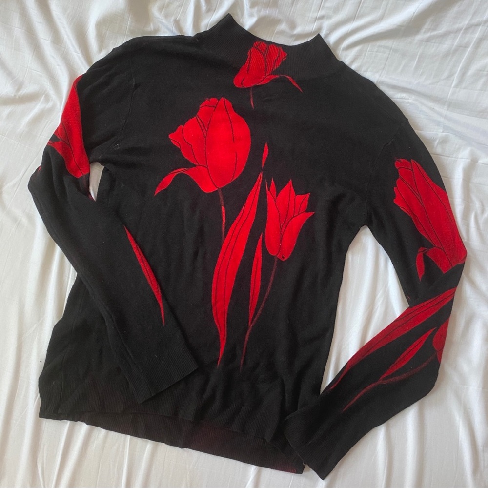 Vintage Red Rose Mock Neck Sweater